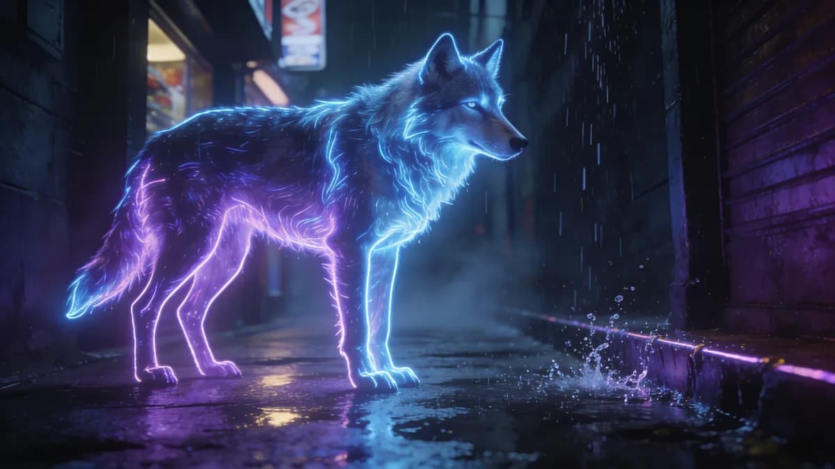 Image générée par Moqi, format 16:9 : Un loup en néon dans une ruelle sous la pluie