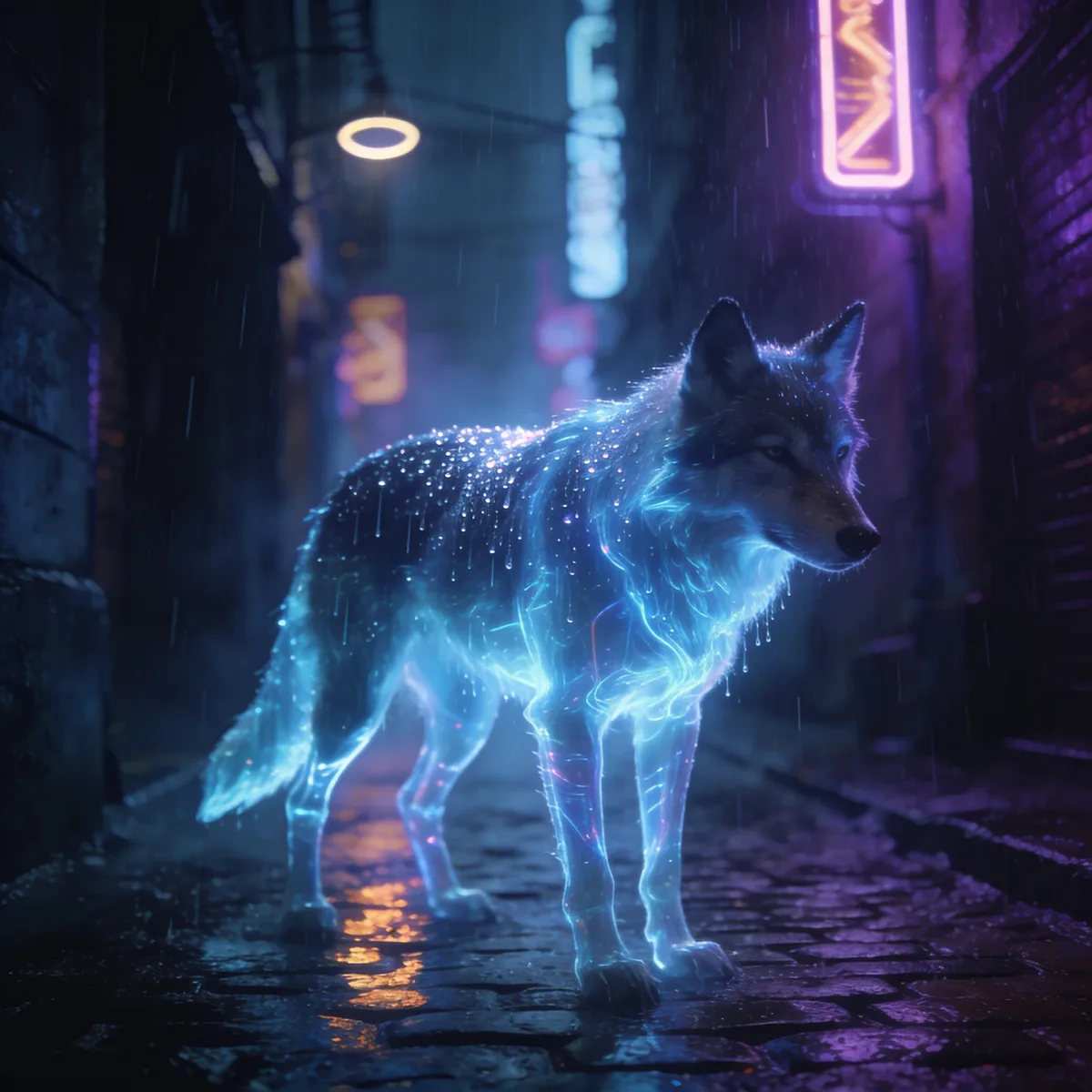 Image générée par Moqi, format 1:1 : Un loup en néon dans une ruelle sous la pluie
