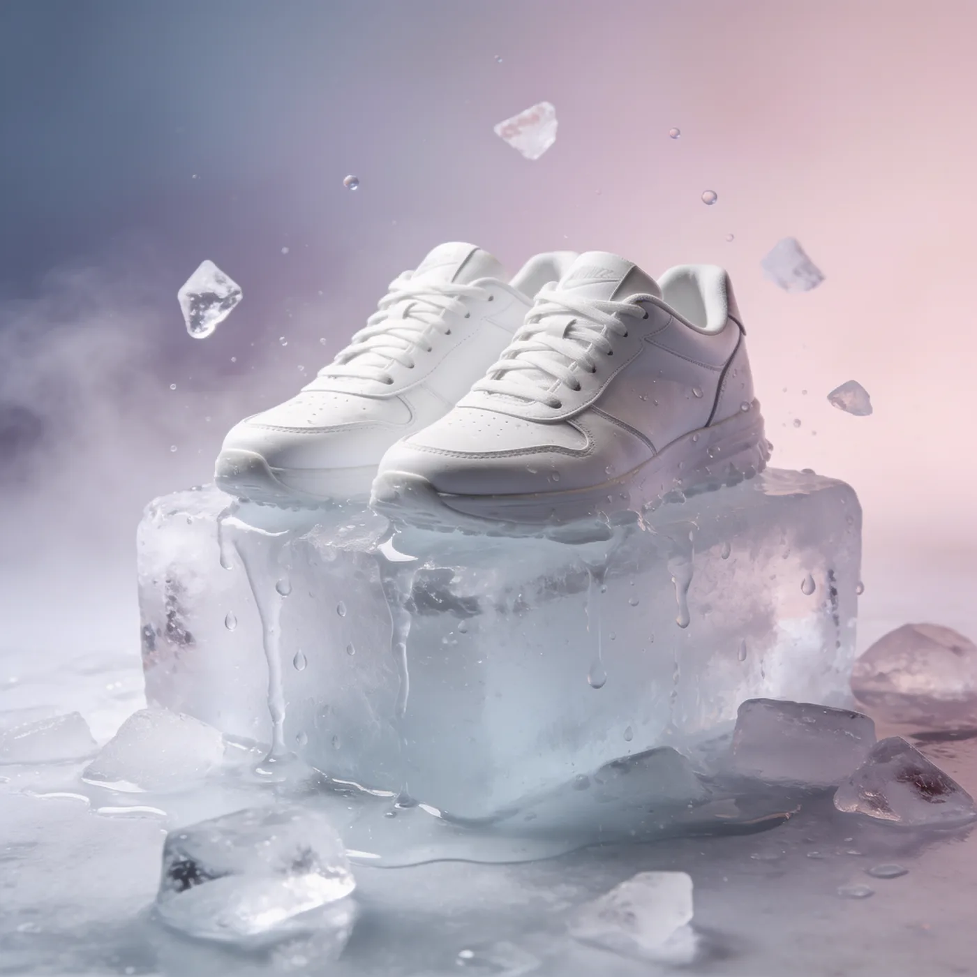 Image générée par Moqi à partir du texte : Une paire de baskets blanches posée sur un bloc de glace qui fond, fond pastel, photo produit publicitaire.