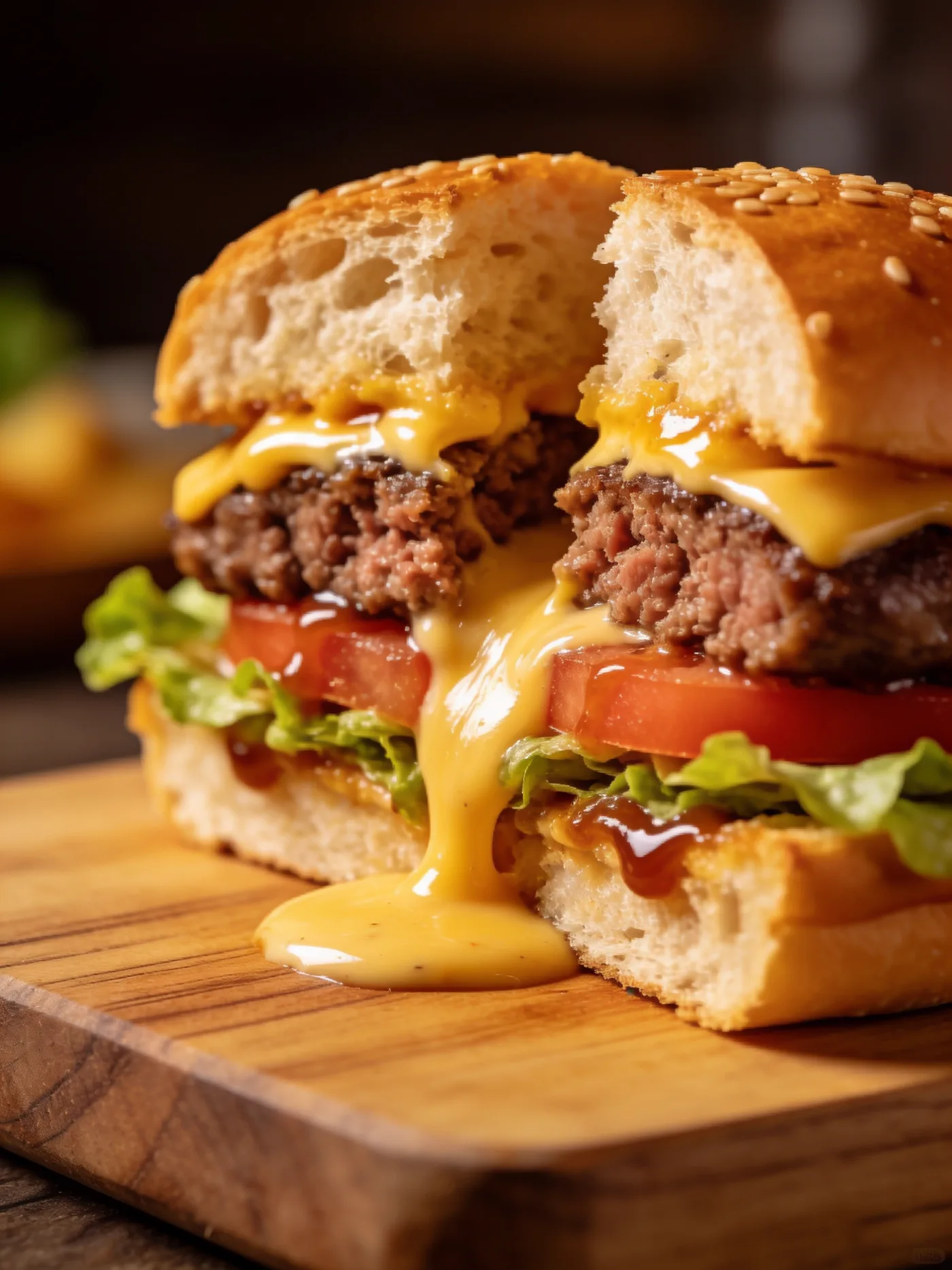 Image générée par Moqi à partir du texte : Un burger gourmet coupé en deux, le fromage qui coule, photographié de près sur une planche en bois, lumière chaude.