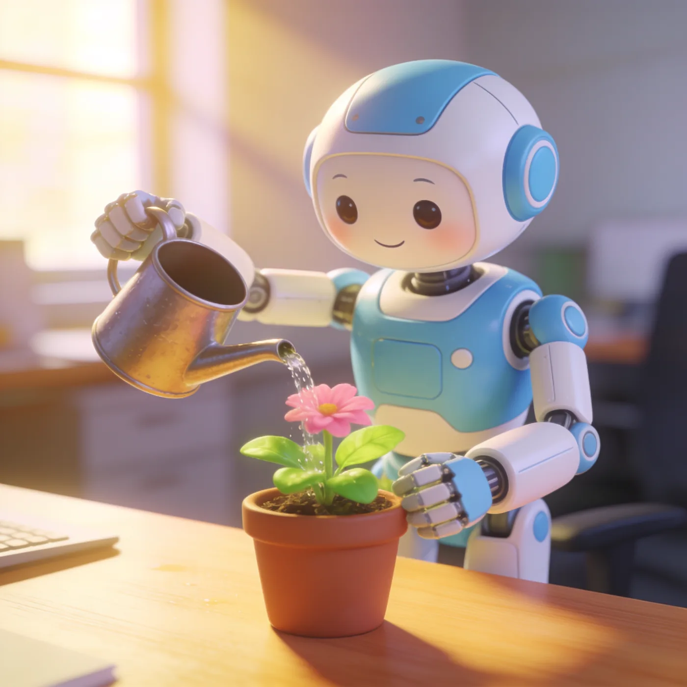 Image générée par Moqi à partir du texte : Illustration 3D d'un petit robot qui arrose une plante sur un bureau, couleurs douces, lumière du matin.