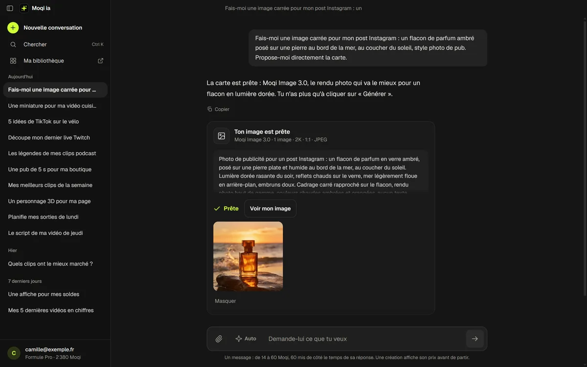 La fenêtre de Moqi pour Windows : la colonne des conversations, et une image de parfum faite par Moqi ia dans la conversation